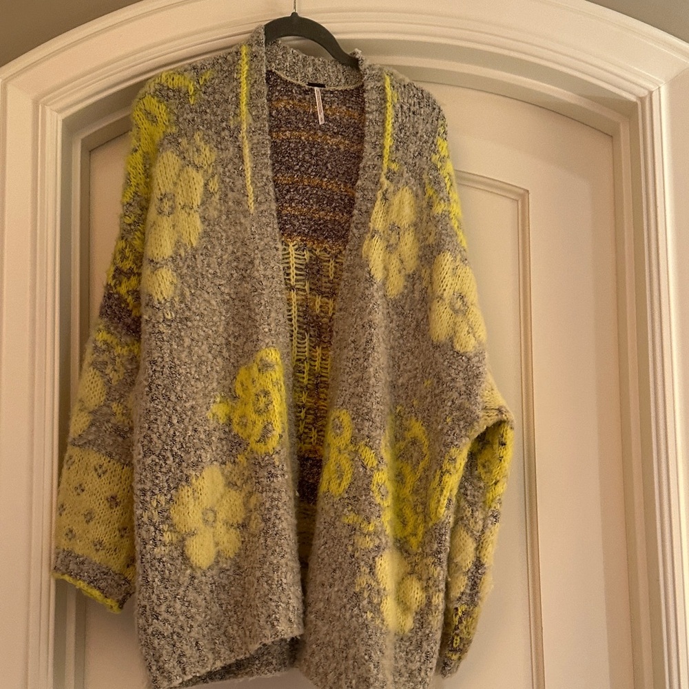 Free People Gray and Yellow Floral Cardigan